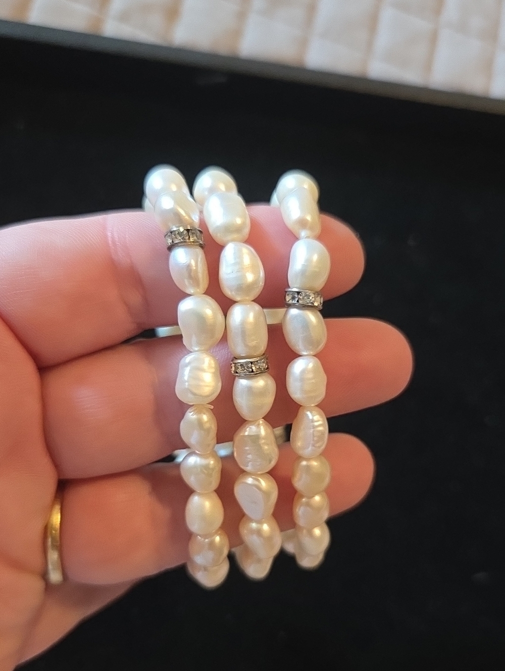 Freshwater Pearl Stretch Bracelet Trio - White Pearls with Silver Accents